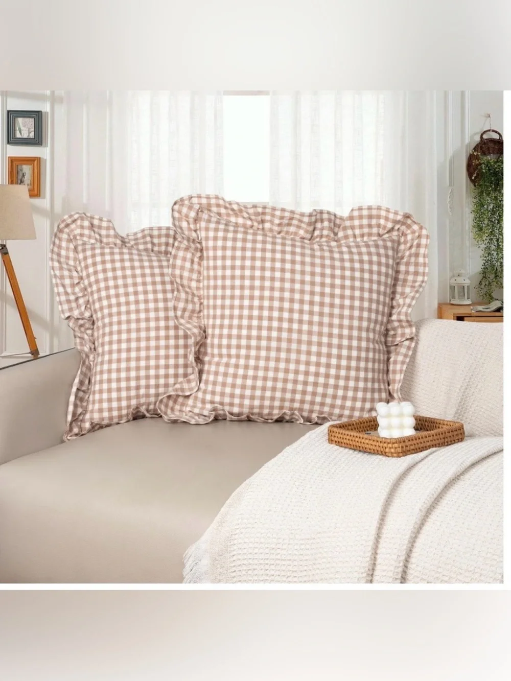 Farmhouse Gingham Ruffle Pillow Shams 100% Cotton SQUARE 18x18” (2-Pack)